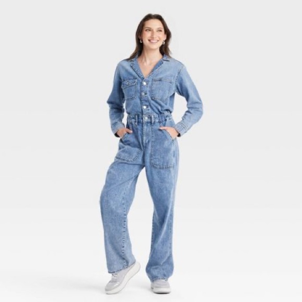 Women's Long Sleeve Utility Baggy Denim Medium Wash Jumpsuit Romper